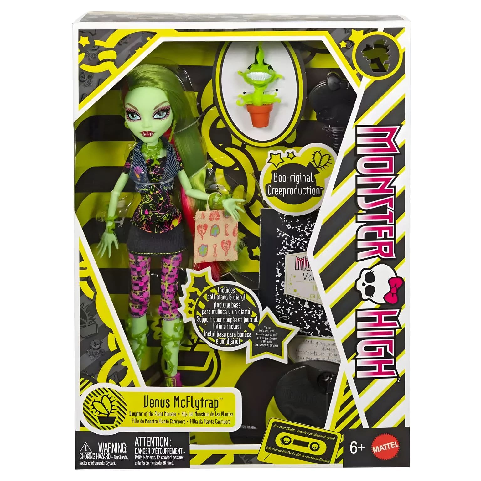 Boneca Monster High Venus McFlytrap com cabelo verde e rosa, botas rosa e companheiro vegetal