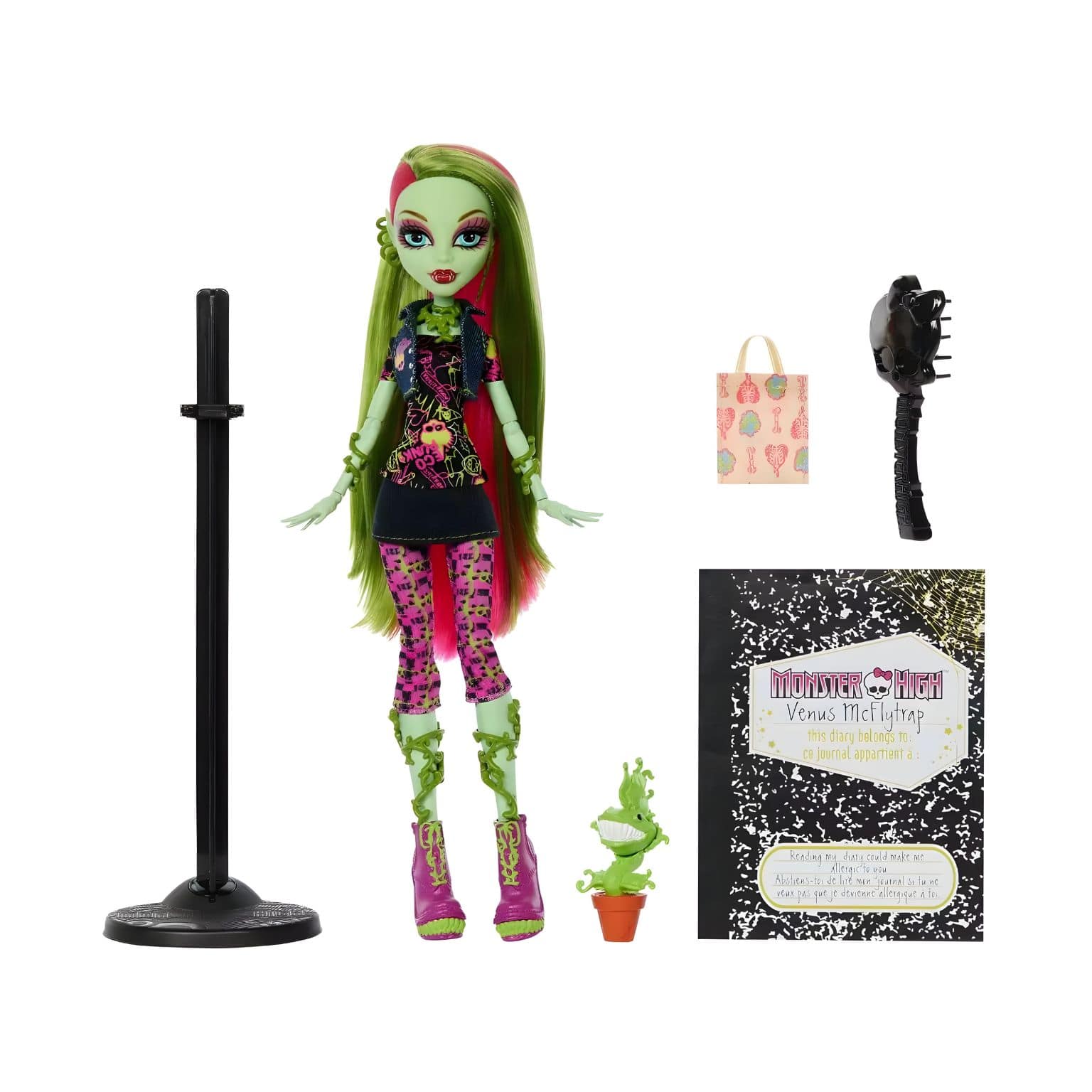 Boneca Monster High Venus McFlytrap com cabelo verde e rosa, botas rosa e companheiro vegetal