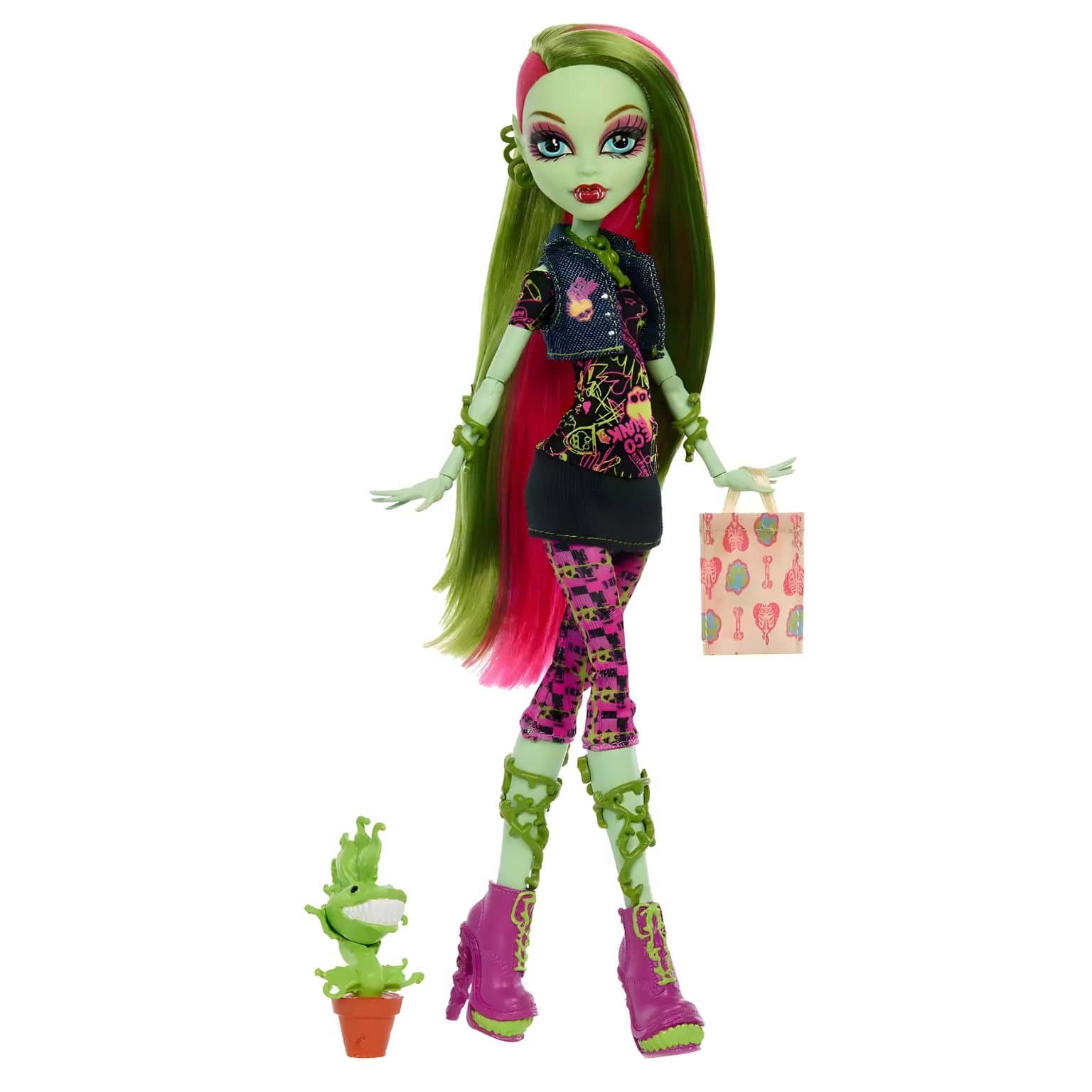 Boneca Monster High Venus McFlytrap com cabelo verde e rosa, botas rosa e companheiro vegetal