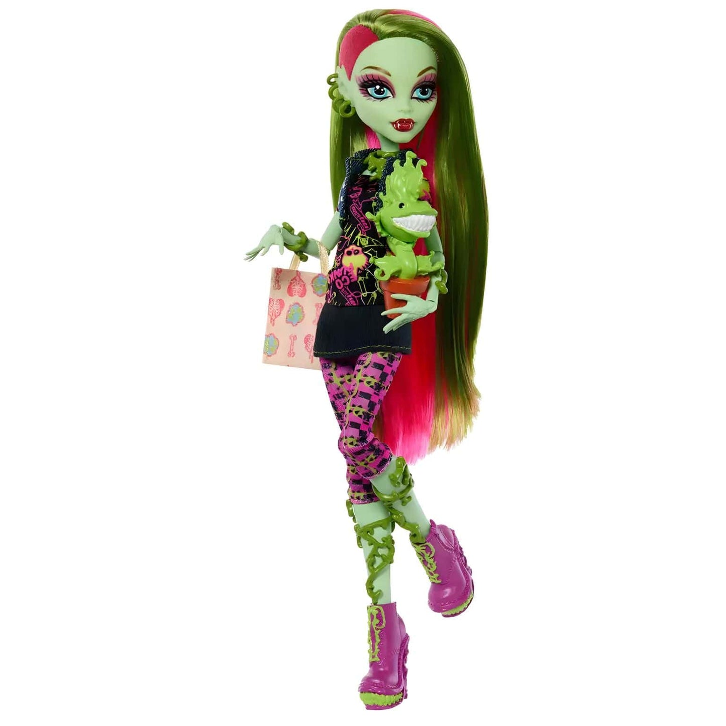 Boneca Monster High Venus McFlytrap com cabelo verde e rosa, botas rosa e companheiro vegetal
