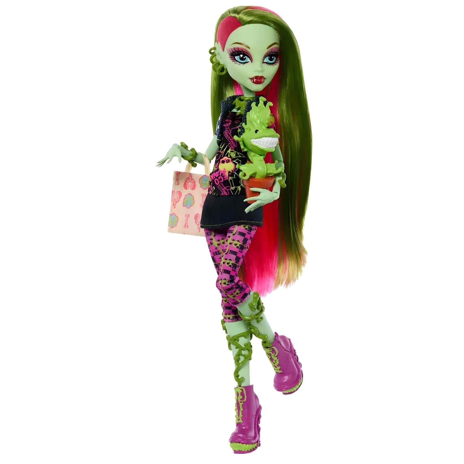 Boneca Monster High Venus McFlytrap com cabelo verde e rosa, botas rosa e companheiro vegetal