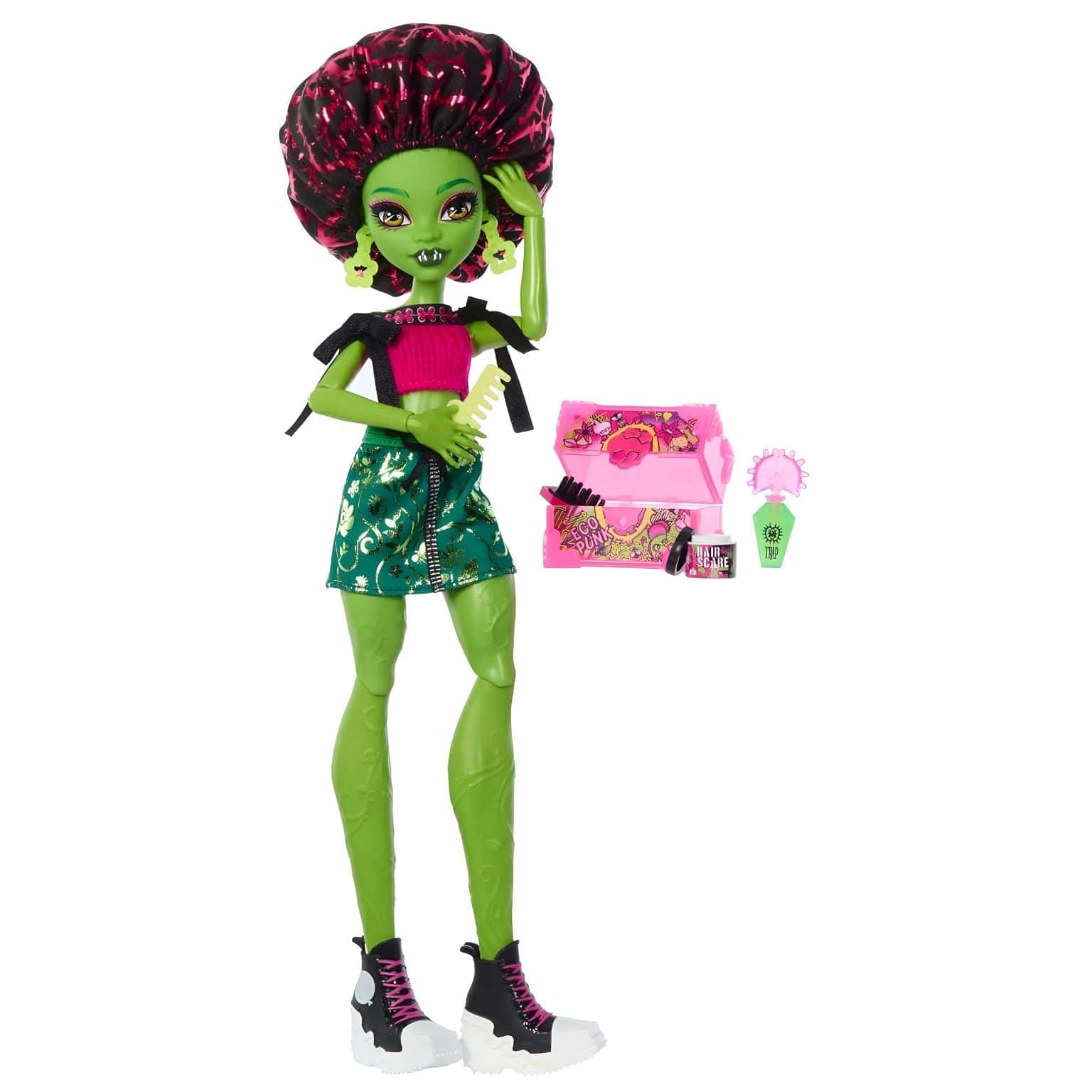 Boneca Monster High Self-Scare Secrets Venus McFlytrap com cabelo rosa, pele verde e acessórios de autocuidado