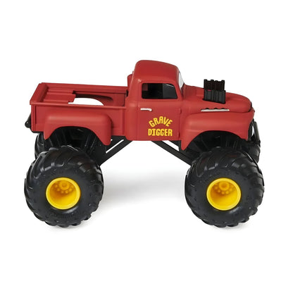 Monster Jam Grave Digger Retro vermelho de perfil com rodas grandes
