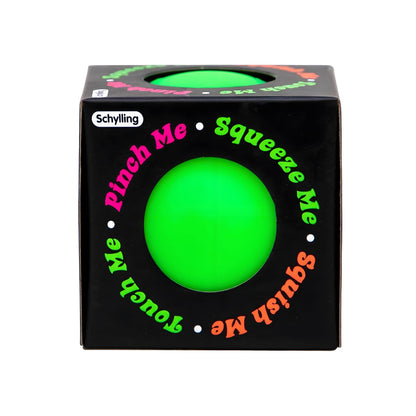 Child squeezing NeeDoh Original blue ball with set of colorful sensory balls and Schylling packaging