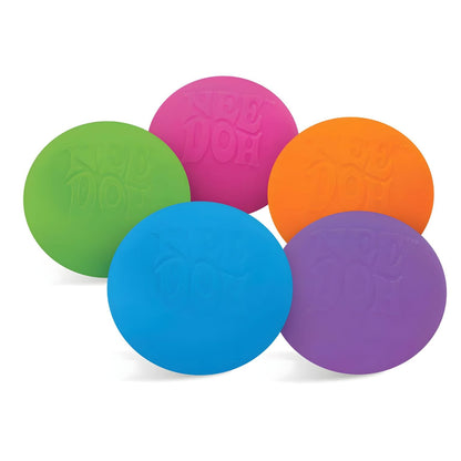 Child squeezing NeeDoh Original blue ball with set of colorful sensory balls and Schylling packaging