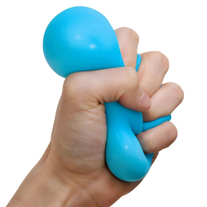 Child squeezing NeeDoh Original blue ball with set of colorful sensory balls and Schylling packaging