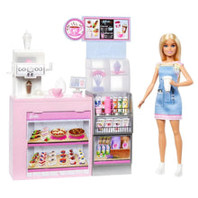 O café da Barbie conjunto cafetaria com balcão, máquina de bebidas e doces