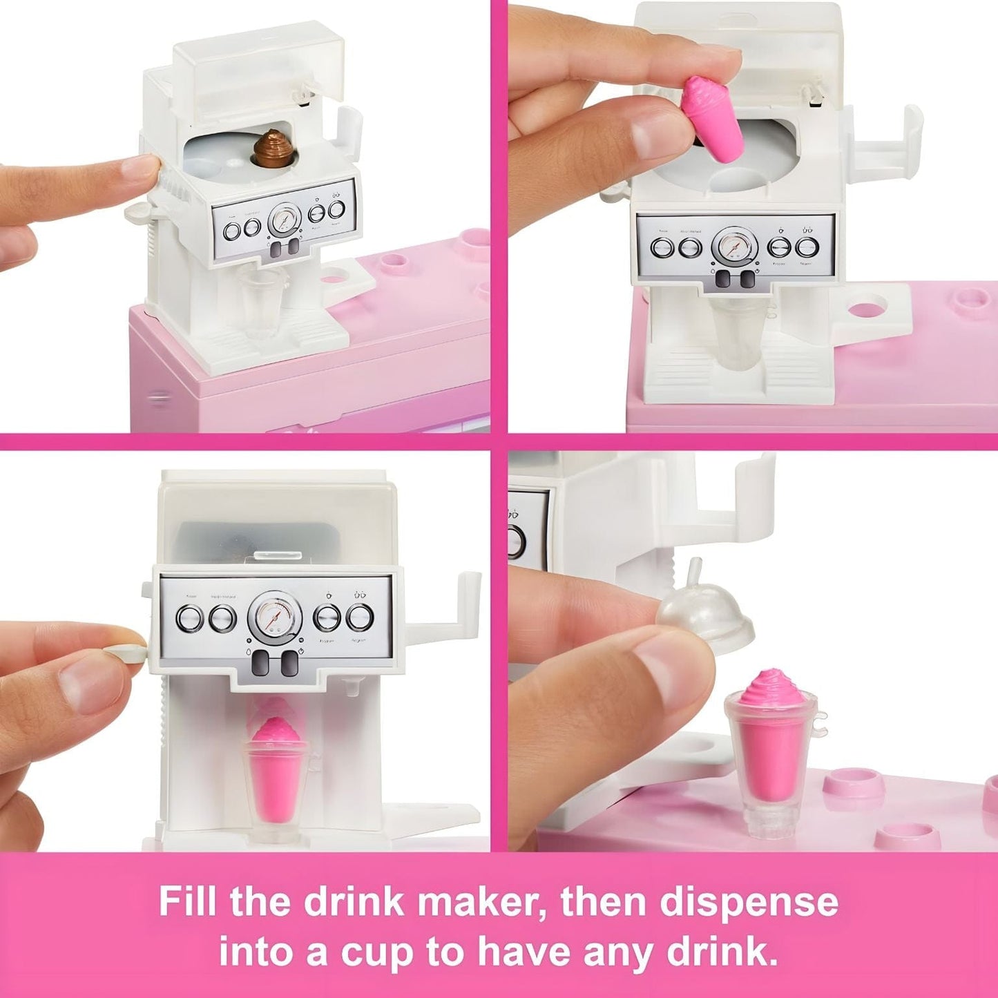 O café da Barbie conjunto cafetaria com balcão, máquina de bebidas e doces