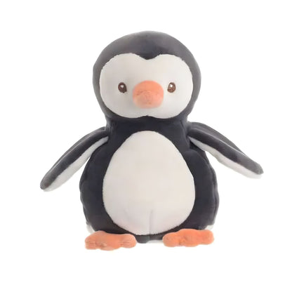Tuxedo black and white plush penguin with orange beak and feet