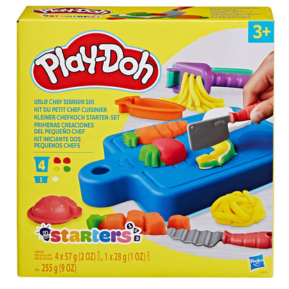 Embalagem Play-Doh Pequenos Chefes F6904 com tábua, utensílios e indicação de idade 3+