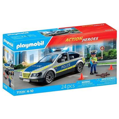 Playmobil 71729 patrol car with police officer, cones, and signaling accessories