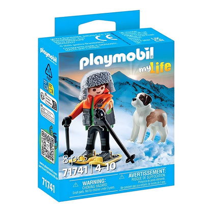 Playmobil Hiking with Saint Bernard with winter explorer, Saint Bernard dog, and snow hiking accessories