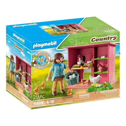 Playmobil Country 71308 Chicken Coop with child figure, chickens, chicks, and eggs on a colorful farm