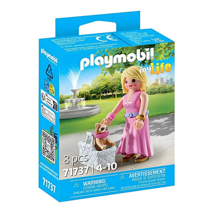 Playmobil It-girl with Chihuahua in a pink dress with a chihuahua puppy in a white handbag
