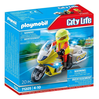 Playmobil Emergency Motorcycle with flashing light with rescuer figure and yellow motorcycle with blue light