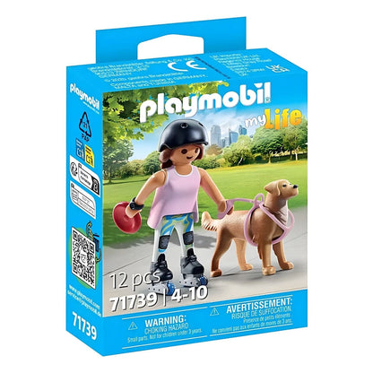 Playmobil Skater with Retriever with helmet, roller skates, and frisbee walking dog in the park
