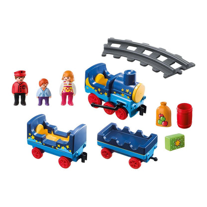 Playmobil 1.2.3 train with railroad tracks with carriages and child figures