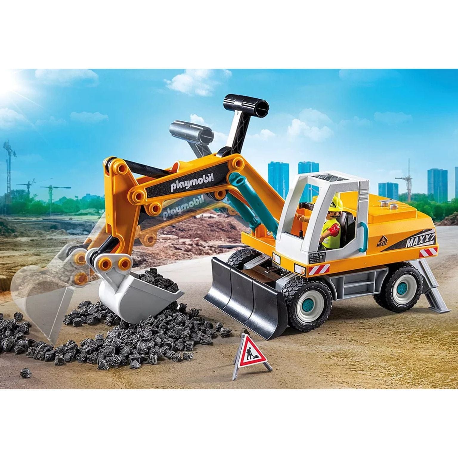 Playmobil Action Escavadora grande amarela com operador e pedras de obra