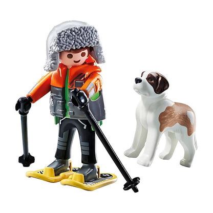 Playmobil Hiking with Saint Bernard with winter explorer, Saint Bernard dog, and snow hiking accessories