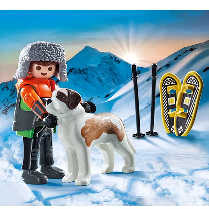 Playmobil Hiking with Saint Bernard with winter explorer, Saint Bernard dog, and snow hiking accessories