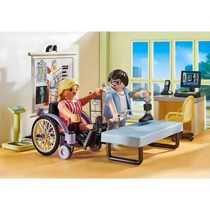 Playmobil City Life Orthopedics with patient in wheelchair, health professional, examination table, and rehabilitation area
