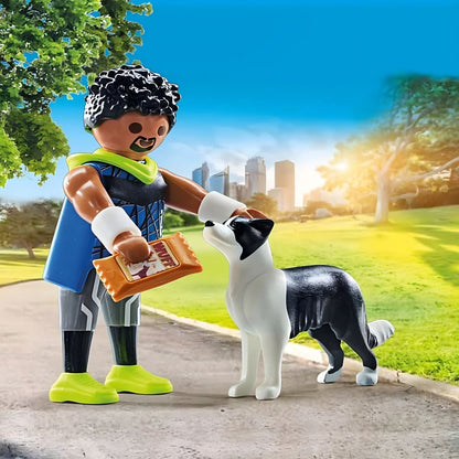 Playmobil Runner with Border Collie with leash and reward in a park setting