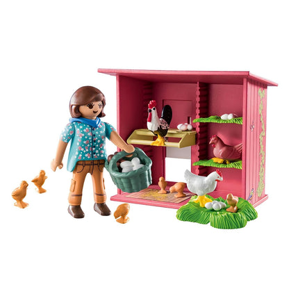 Playmobil Country 71308 Chicken Coop with child figure, chickens, chicks, and eggs on a colorful farm