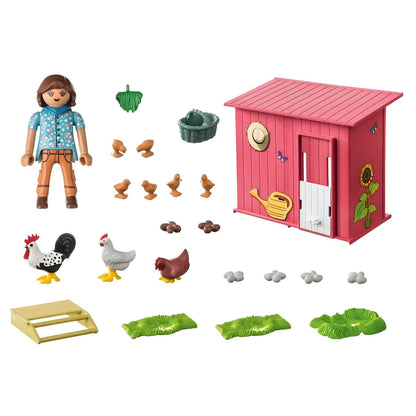 Playmobil Country 71308 Chicken Coop with child figure, chickens, chicks, and eggs on a colorful farm