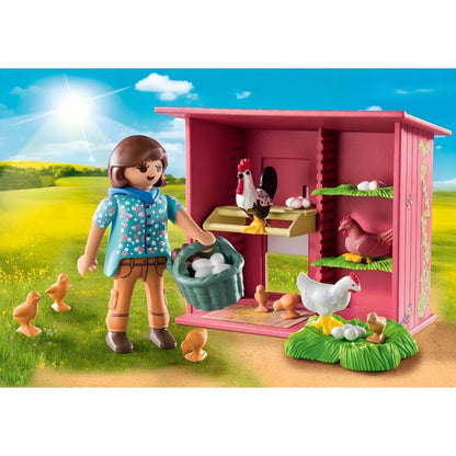 Playmobil Country 71308 Chicken Coop with child figure, chickens, chicks, and eggs on a colorful farm
