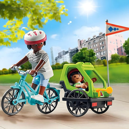 Playmobil Bike Tour with adult cycling and child in trailer on a park ride