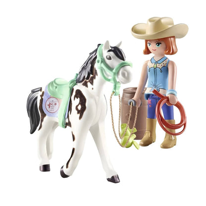 Playmobil Feeding Time with Ellie and Sawdust with Ellie, spotted horse, and ranch accessories