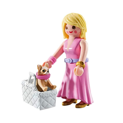 Playmobil It-girl with Chihuahua in a pink dress with a chihuahua puppy in a white handbag