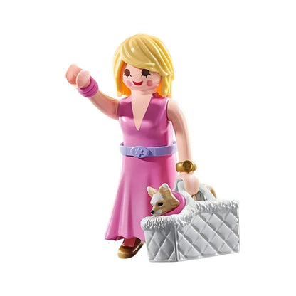 Playmobil It-girl with Chihuahua in a pink dress with a chihuahua puppy in a white handbag