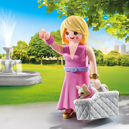 Playmobil It-girl with Chihuahua in a pink dress with a chihuahua puppy in a white handbag