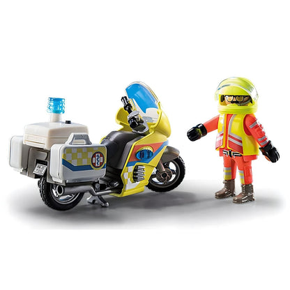 Playmobil Emergency Motorcycle with flashing light with rescuer figure and yellow motorcycle with blue light