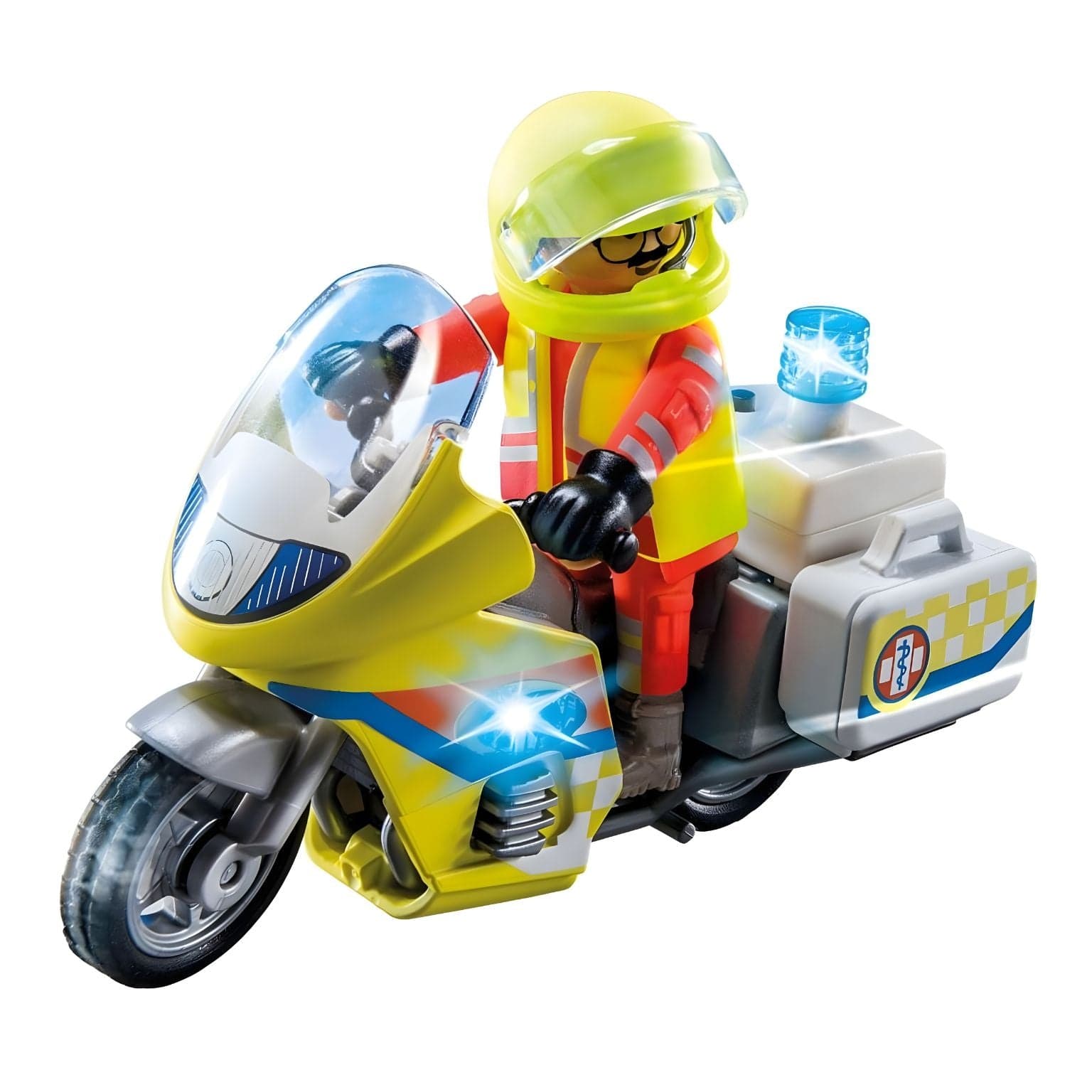 Playmobil Mota de Emergências com luz intermitente com figura de socorrista e mota amarela com luz azul