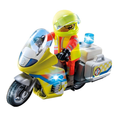Playmobil Emergency Motorcycle with flashing light with rescuer figure and yellow motorcycle with blue light