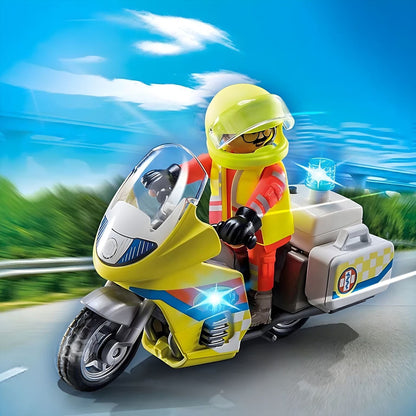 Playmobil Emergency Motorcycle with flashing light with rescuer figure and yellow motorcycle with blue light