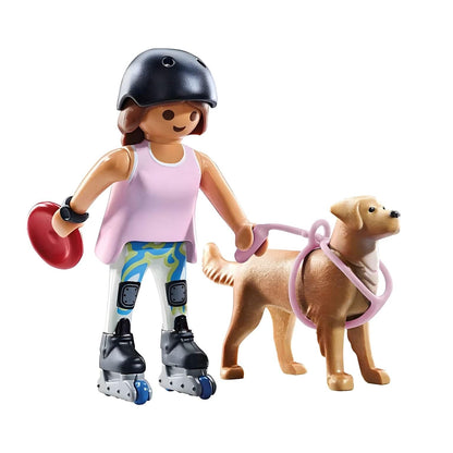 Playmobil Skater with Retriever with helmet, roller skates, and frisbee walking dog in the park
