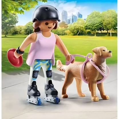 Playmobil Skater with Retriever with helmet, roller skates, and frisbee walking dog in the park
