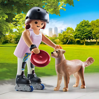 Playmobil Skater with Retriever with helmet, roller skates, and frisbee walking dog in the park