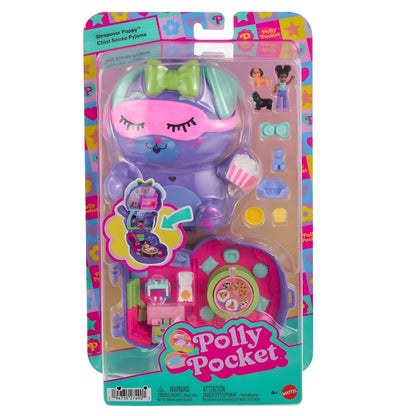 Polly Pocket Doggy Sleepover Party compact in the shape of a puppy with mini sleepover party scenes and figures