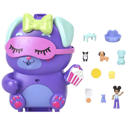 Polly Pocket Doggy Sleepover Party compact in the shape of a puppy with mini sleepover party scenes and figures