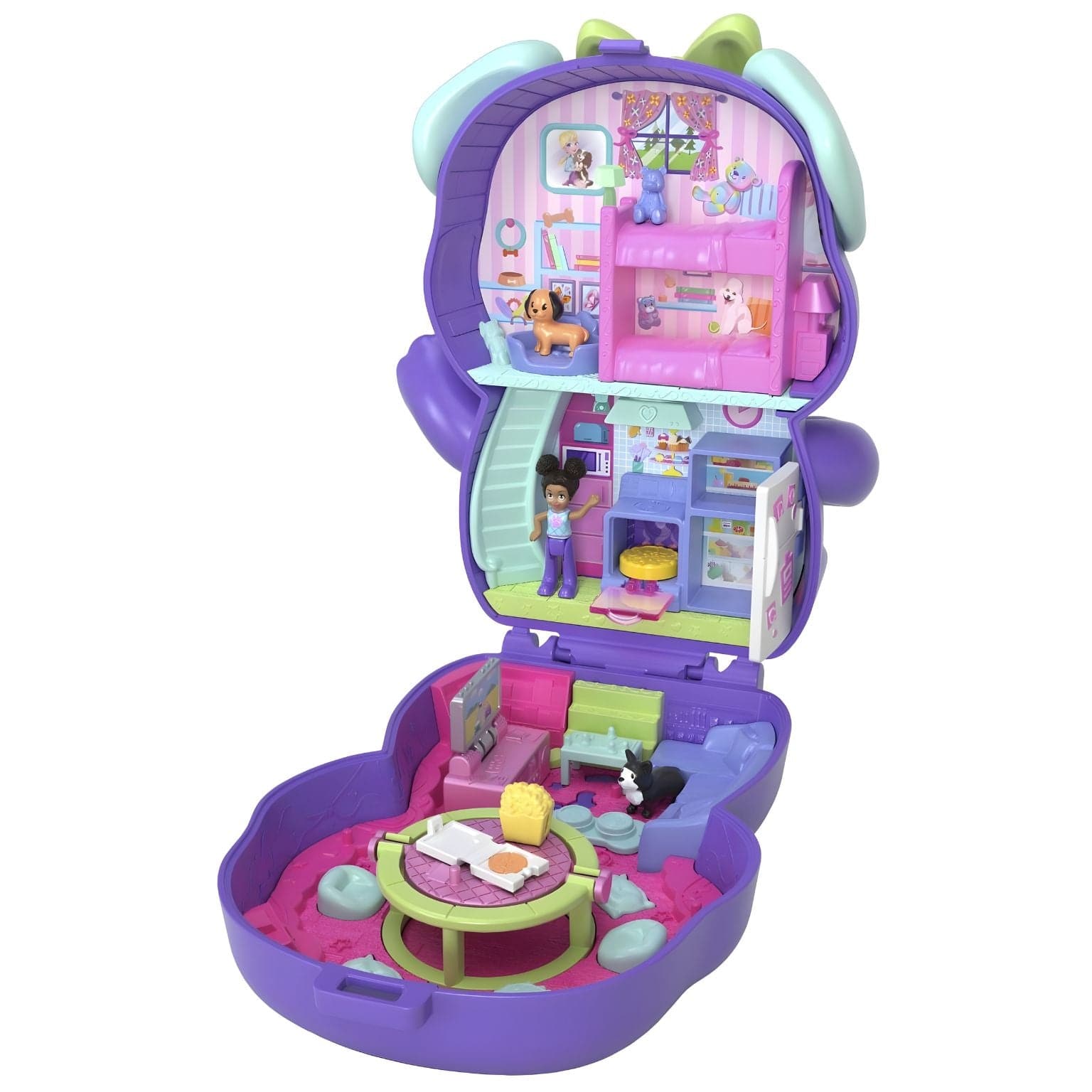 Polly Pocket Festa do Pijama do Cão compacto em forma de cachorrinho com mini cenários de festa do pijama e figuras
