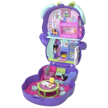 Polly Pocket Doggy Sleepover Party compact in the shape of a puppy with mini sleepover party scenes and figures