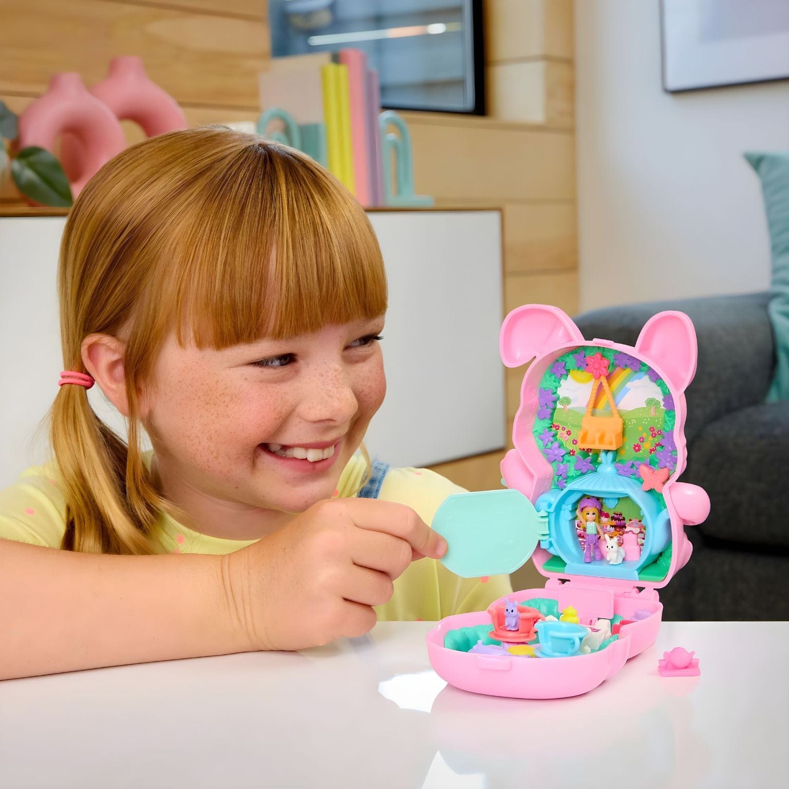Polly Pocket Hora do Chá com o coelho compacto rosa coelhinho cenário de jardim festa do chá miniaturas