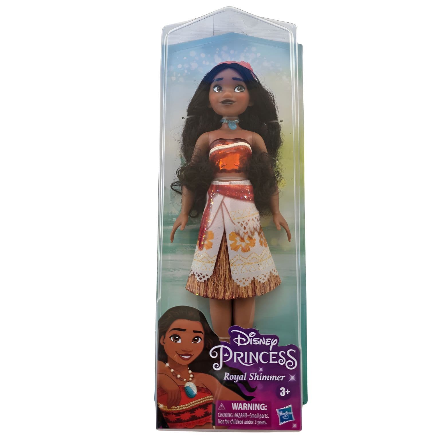 Boneca Princesa Disney Vaiana com cabelo comprido, colar azul e conjunto inspirado no filme