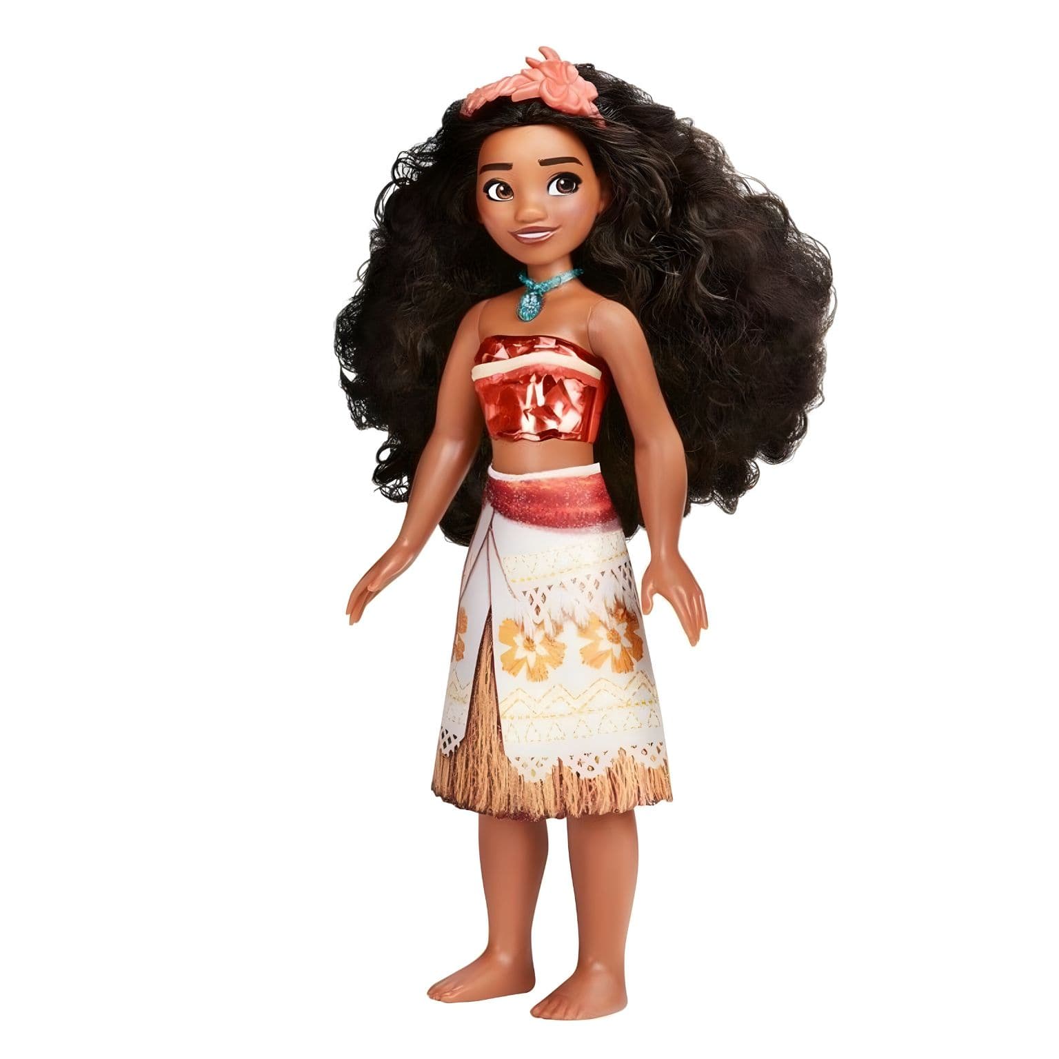 Boneca Princesa Disney Vaiana com cabelo comprido, colar azul e conjunto inspirado no filme