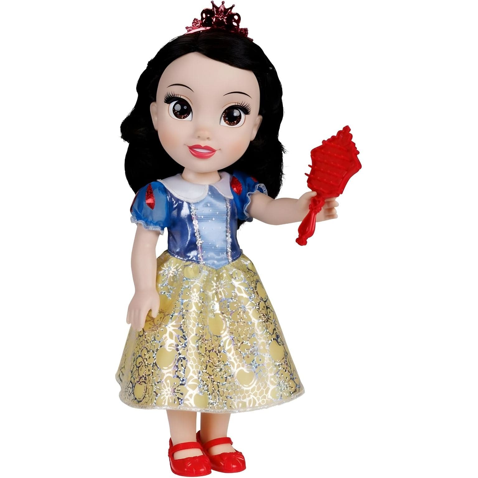 Princesa Disney Branca de Neve com vestido clássico e acessório vermelho