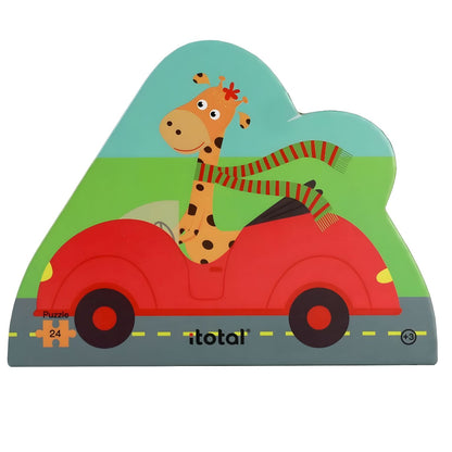 I-Total Animals on Wheels puzzle with giraffe in a red car and urban scene with animals in vehicles